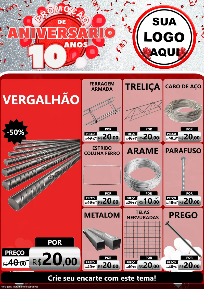 Modelo de Encarte para Encarte A4 Vertical com o tema Promoção de Aniversário - 10 Anos para Ferragens