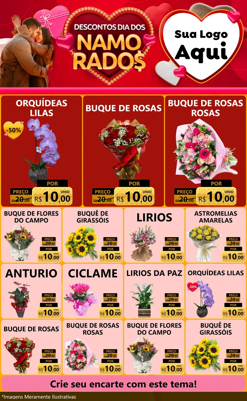 Modelo de Encarte para Encarte Grande com o tema Descontos Dia dos Namorados para Floricultura e jardim