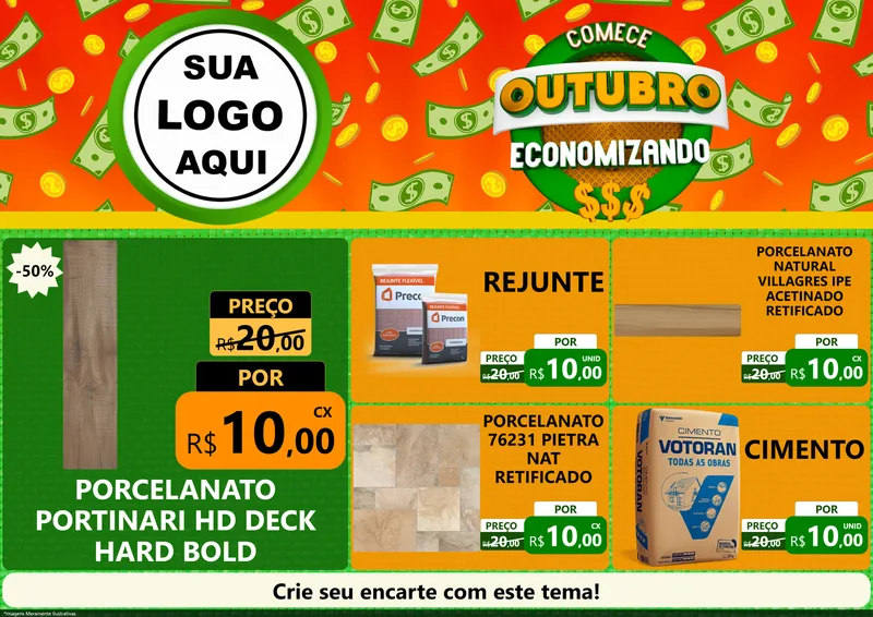 Modelo de Encarte para Encarte A4 Horizontal com o tema Comece Outubro Economizando para Pisos e revestimentos