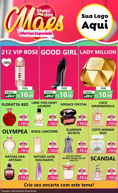 Modelo de Encarte para Encarte Grande com o tema Show das Mães - Ofertas Especiais para Perfumes