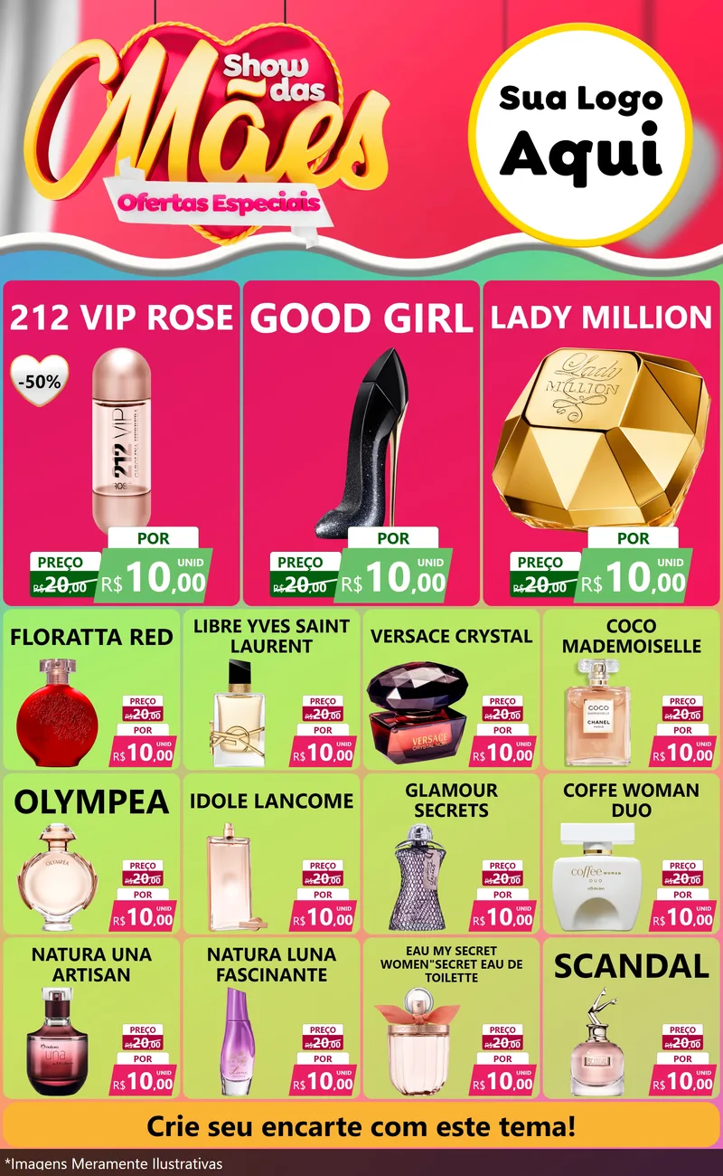 Modelo de Encarte para Encarte Grande com o tema Show das Mães - Ofertas Especiais para Perfumes