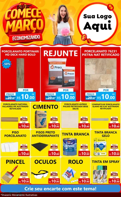 Modelo de Encarte para Encarte Grande com o tema Comece Março Economizando para Pisos e revestimentos