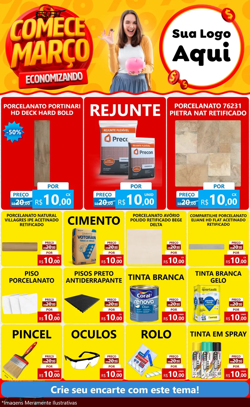 Modelo de Encarte para Encarte Grande com o tema Comece Março Economizando para Pisos e revestimentos
