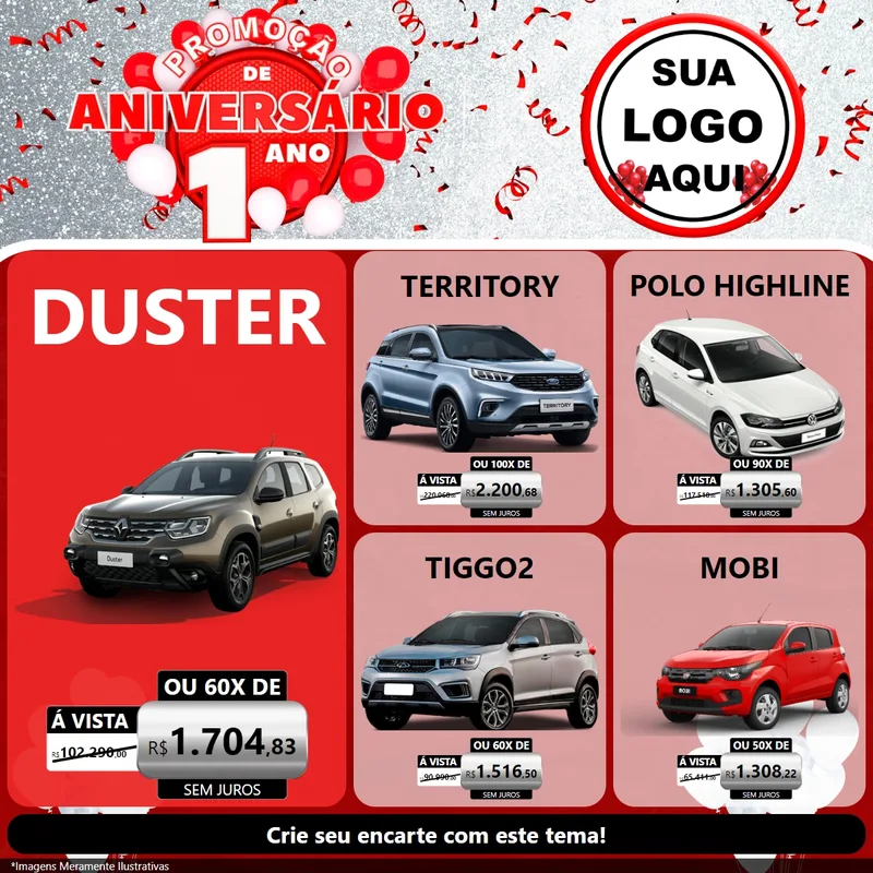 Modelo de Rede Social para Feed Facebook com o tema Promoção de Aniversário - 1 Ano para Concessionaria de Carros