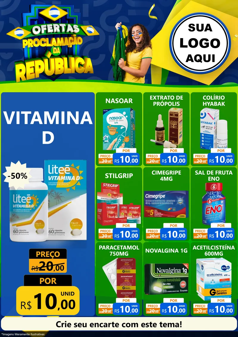 Modelo de Encarte para Encarte A4 Vertical com o tema Ofertas Proclamação da República para Farmácia