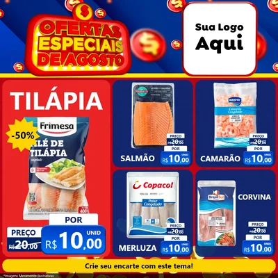 Modelo de Rede Social para Feed Facebook com o tema Ofertas Especiais de Agosto para Peixaria