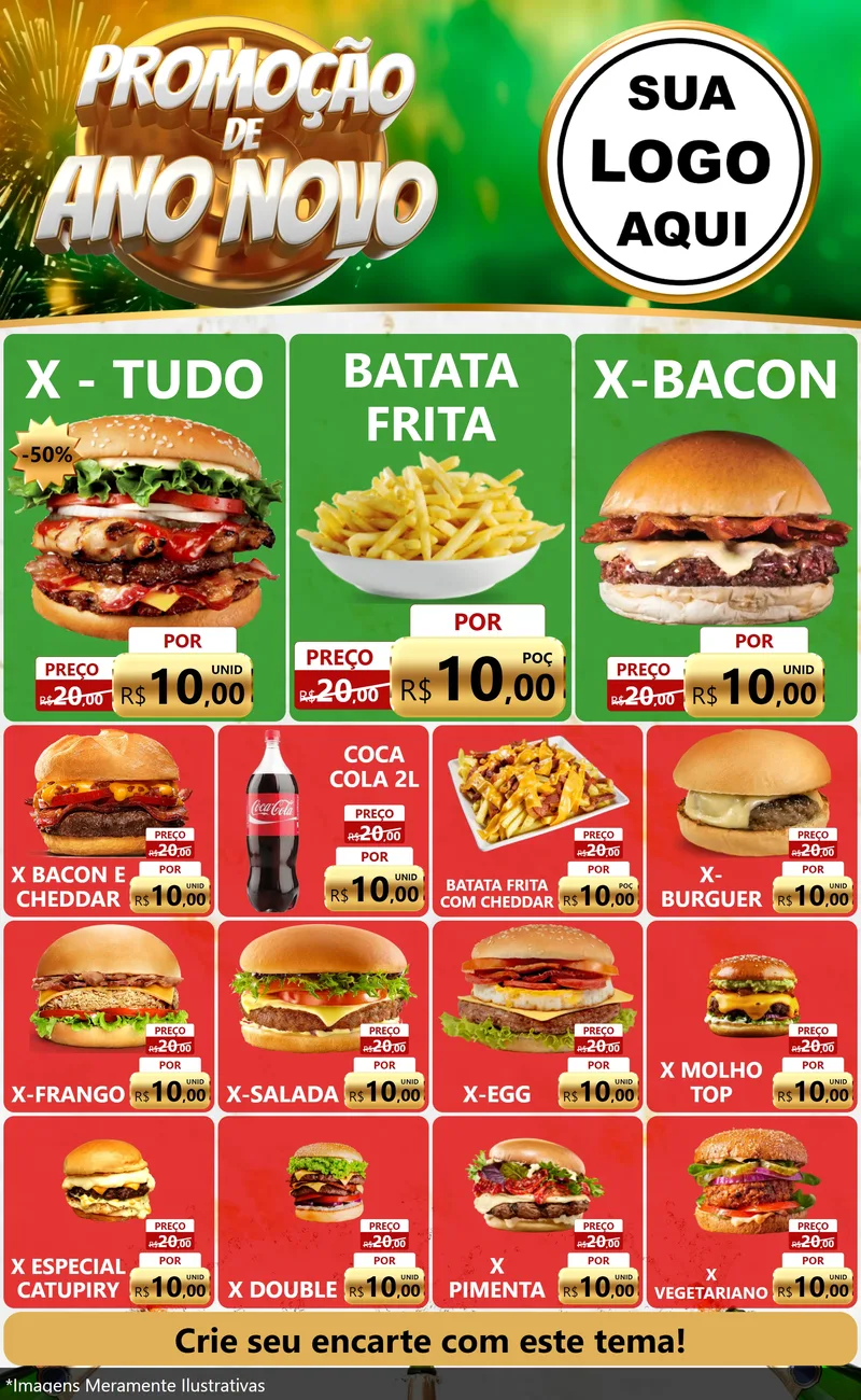 Modelo de Encarte para Encarte Grande com o tema Promoção de Ano Novo para Hamburgueria