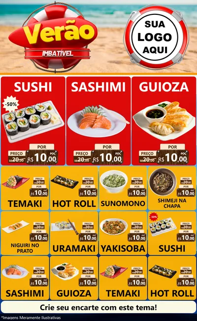Modelo de Encarte para Encarte Grande com o tema Verão Imbatível para Comida japonesa