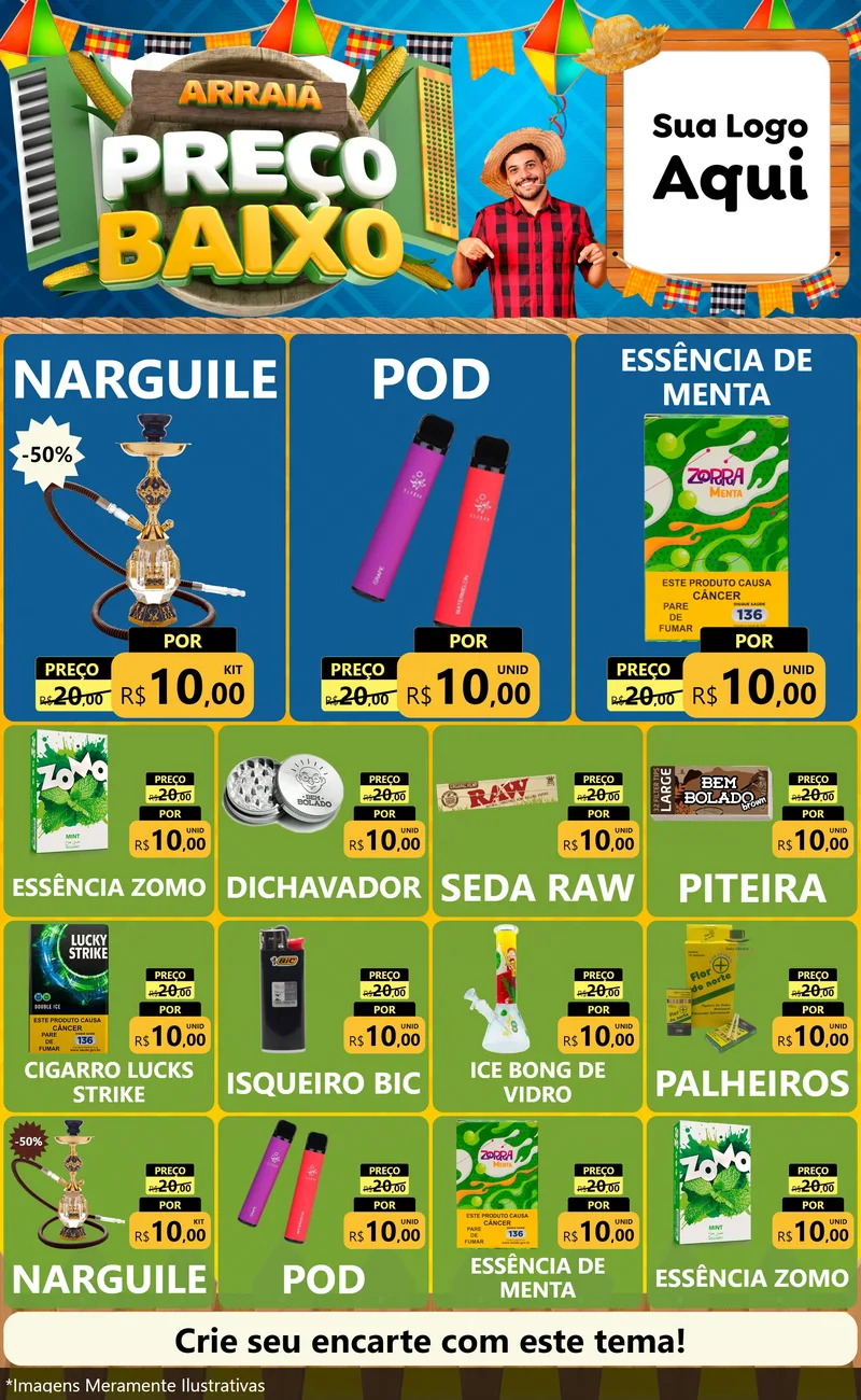 Modelo de Encarte para Encarte Grande com o tema Arraiá de Preço Baixo - Junina para Tabacaria