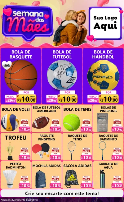 Modelo de Encarte para Encarte Grande com o tema Semana das Mães para Artigos Esportivos