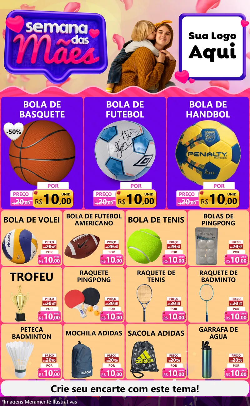 Modelo de Encarte para Encarte Grande com o tema Semana das Mães para Artigos Esportivos
