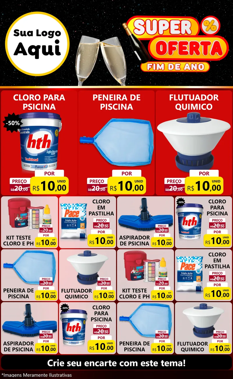 Modelo de Encarte para Encarte Grande com o tema Super Oferta Fim de Ano para Produtos para Piscina