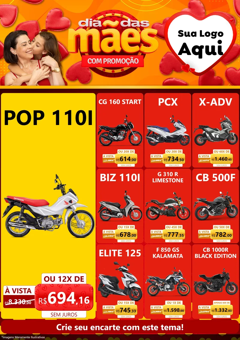 Modelo de Encarte para Encarte A4 Vertical com o tema Dia das Mães com Promoção para Concessionaria de Motos