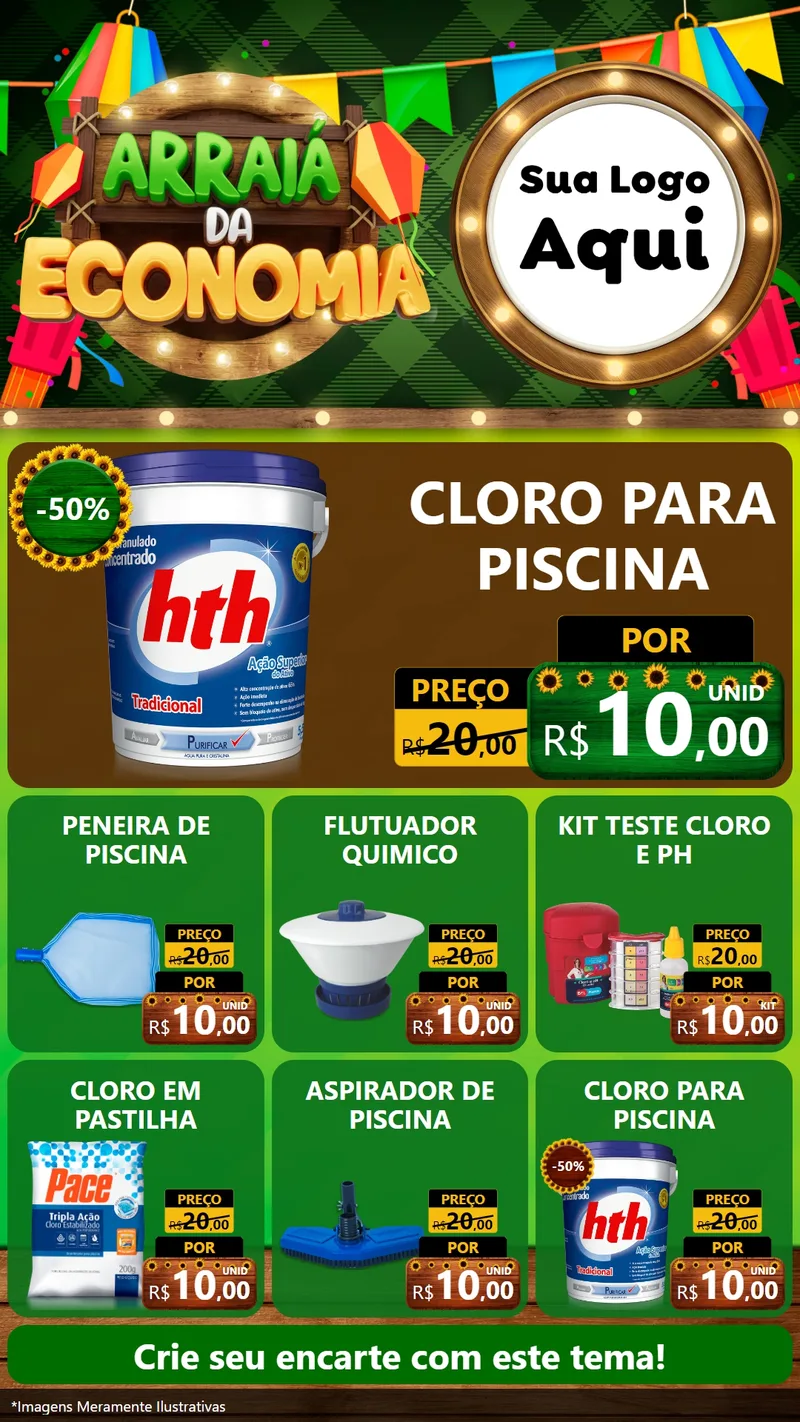 Modelo de Rede Social para Stories com o tema Arraiá de Economia para Produtos para Piscina
