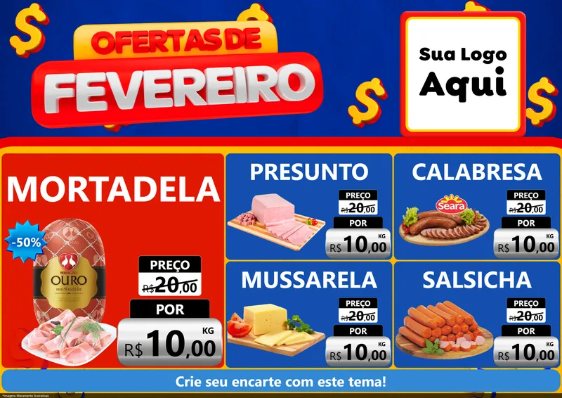 Modelo de Encarte para Encarte A4 Horizontal com o tema Ofertas de Fevereiro para Frios e Laticínios