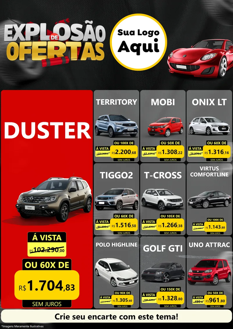Modelo de Encarte para Encarte A4 Vertical com o tema Explosão de Ofertas para Concessionaria de Carros