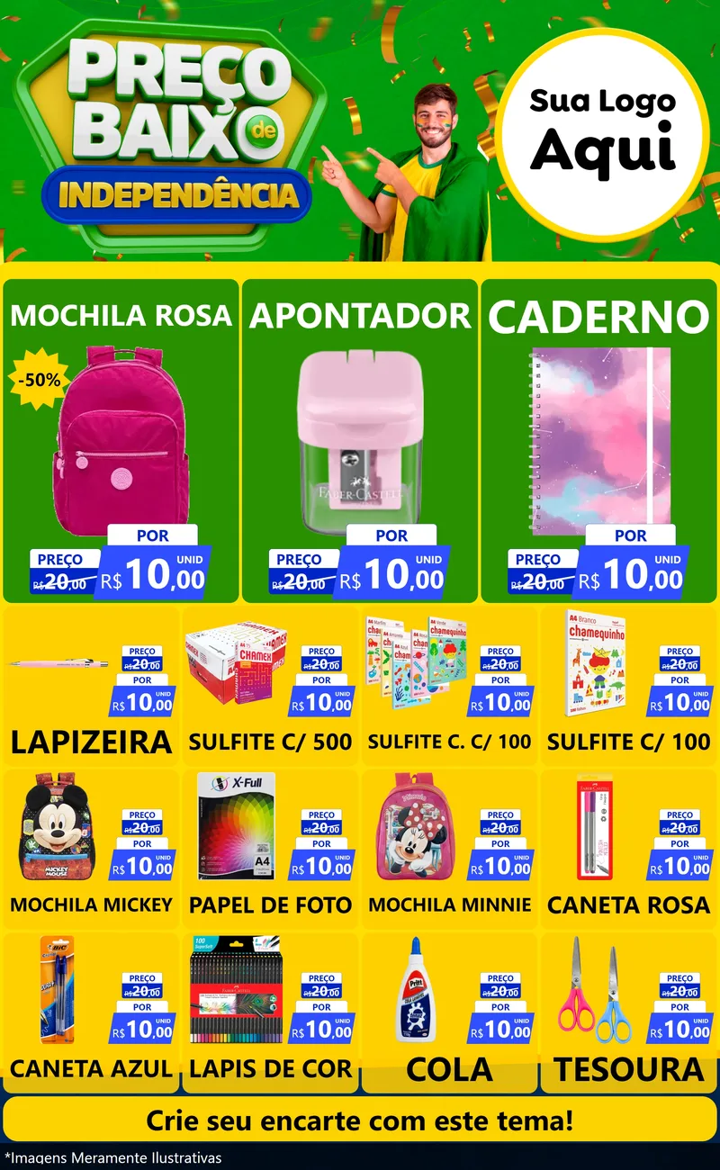 Modelo de Encarte para Encarte Grande com o tema Preço Baixo de Independência para Papelaria