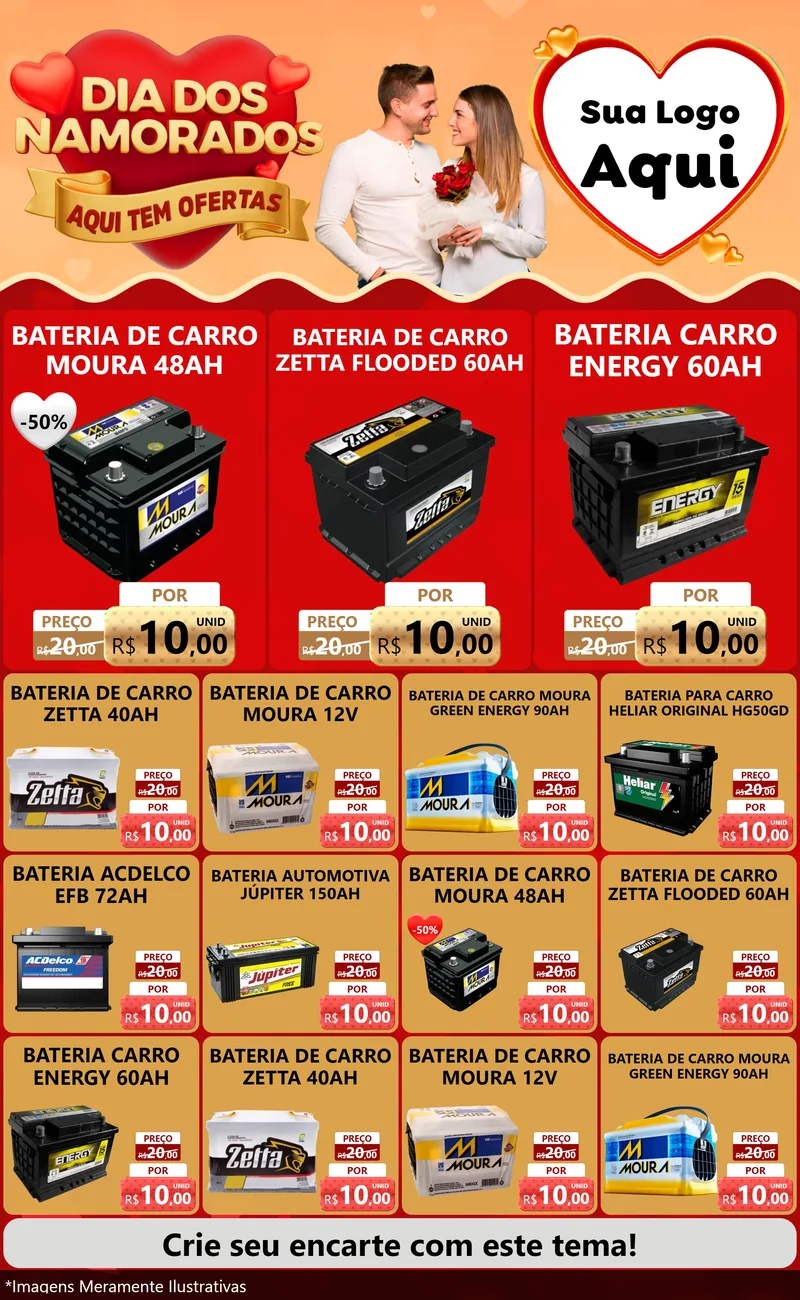 Modelo de Encarte para Encarte Grande com o tema Dia dos Namorados - Aqui Tem Ofertas para Baterias Elétricas