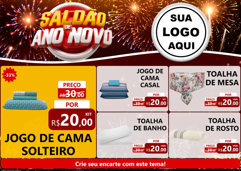 Modelo de Encarte para Encarte A4 Horizontal com o tema Saldão de Ano Novo para Cama, Mesa e Banho