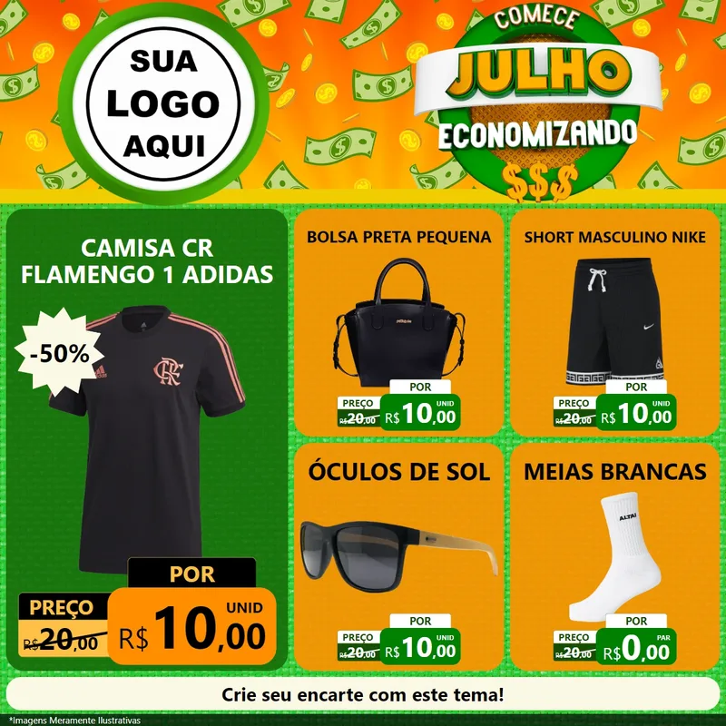 Modelo de Rede Social para Feed Facebook com o tema Comece Julho Economizando para Roupas e acessórios