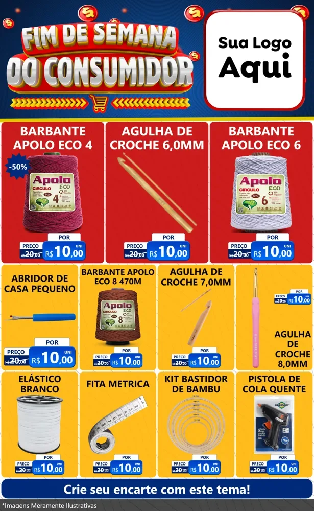 Modelo de Encarte para Encarte Grande com o tema Fim de Semana do Consumidor para Armarinho e Aviamentos