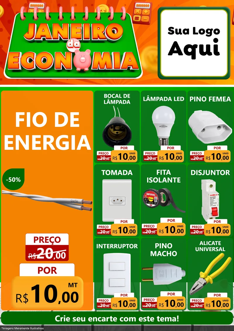 Modelo de Encarte para Encarte A4 Vertical com o tema Janeiro da Economia para Materiais Elétricos
