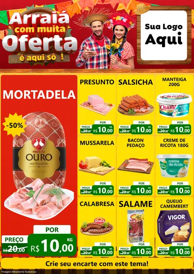 Modelo de Encarte para Encarte A4 Vertical com o tema Arraiá Com Muita Oferta - É Aqui Sô! para Frios e Laticínios