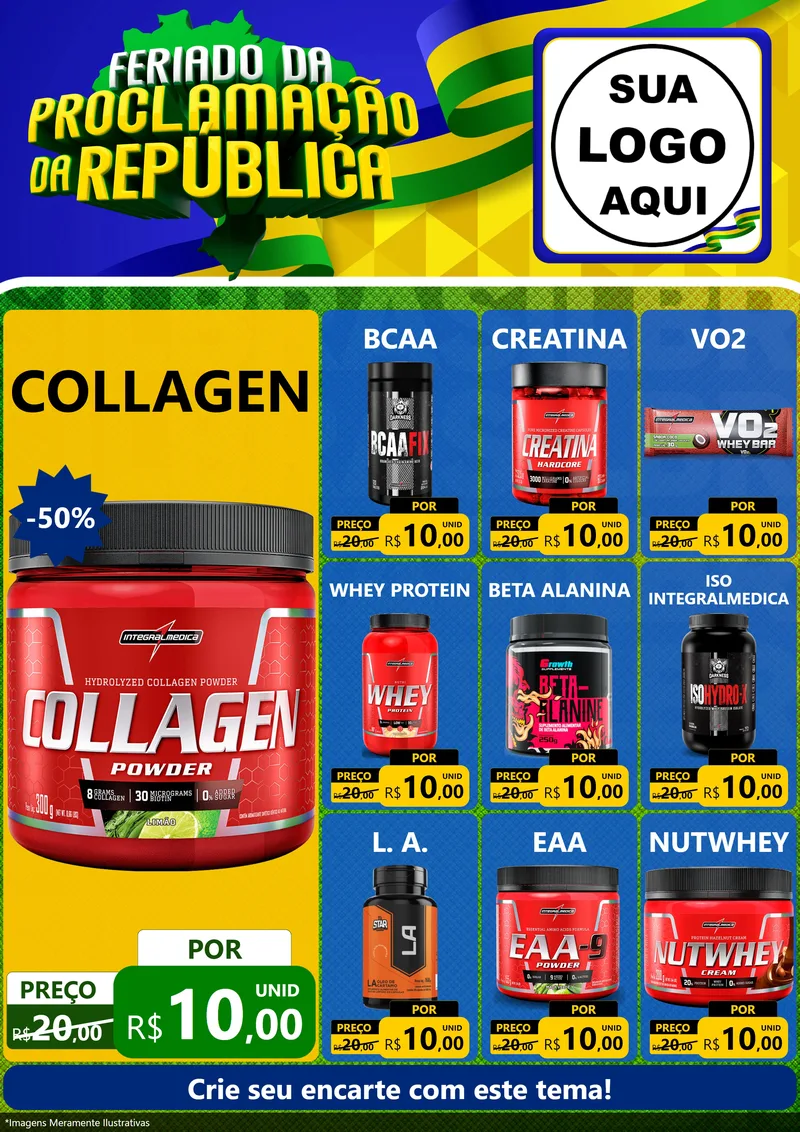 Modelo de Encarte para Encarte A4 Vertical com o tema Feriado da Proclamação da República para Suplementos alimentares