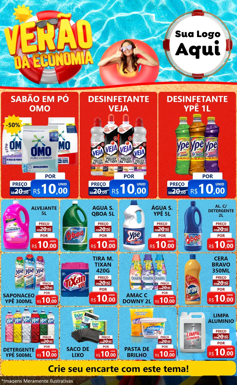 Modelo de Encarte para Encarte Grande com o tema Verão da Economia para Produtos de Limpeza