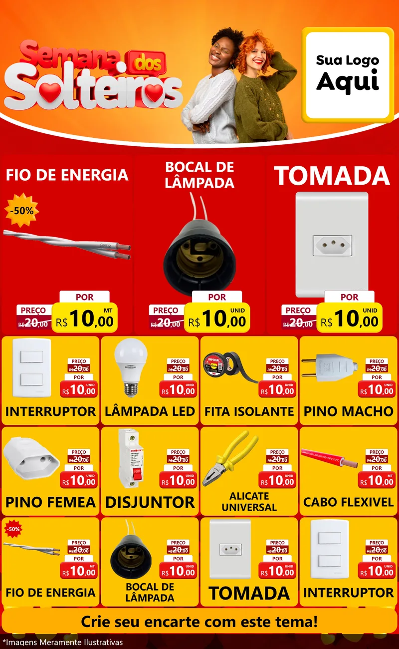 Modelo de Encarte para Encarte Grande com o tema Semana dos Solteiros para Materiais Elétricos