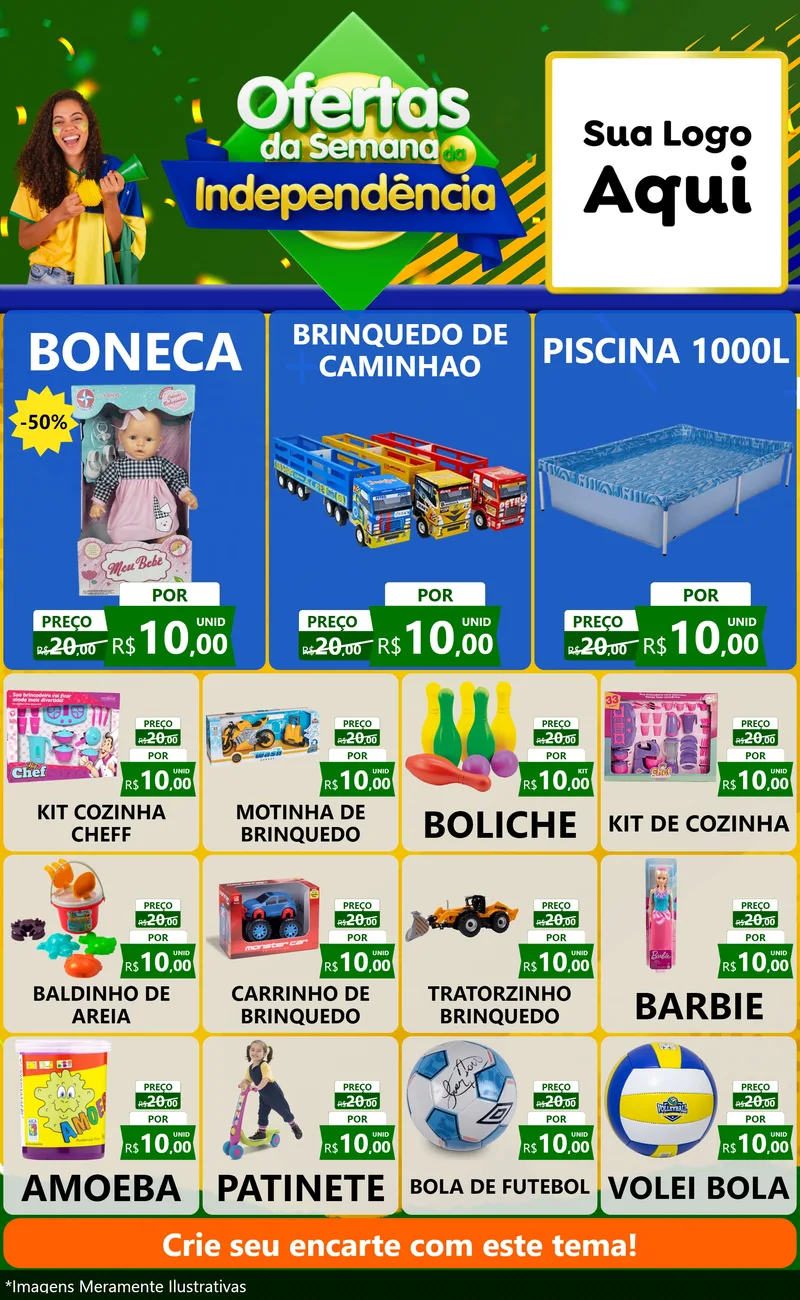 Modelo de Encarte para Encarte Grande com o tema Ofertas da Semana da Independência para Brinquedos