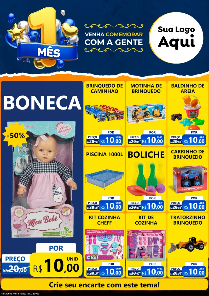 Modelo de Encarte para Encarte A4 Vertical com o tema Um Mês de Aniversário para Brinquedos
