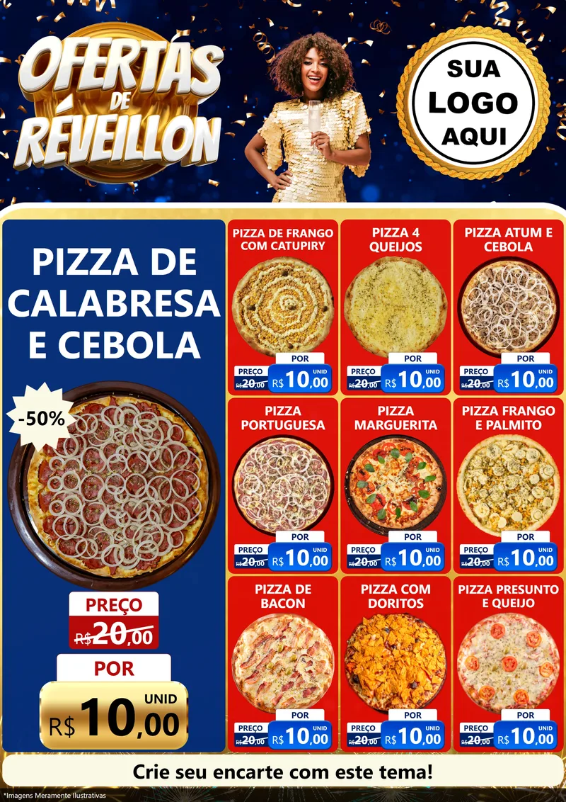 Modelo de Encarte para Encarte A4 Vertical com o tema Ofertas de Réveillon para Pizzaria