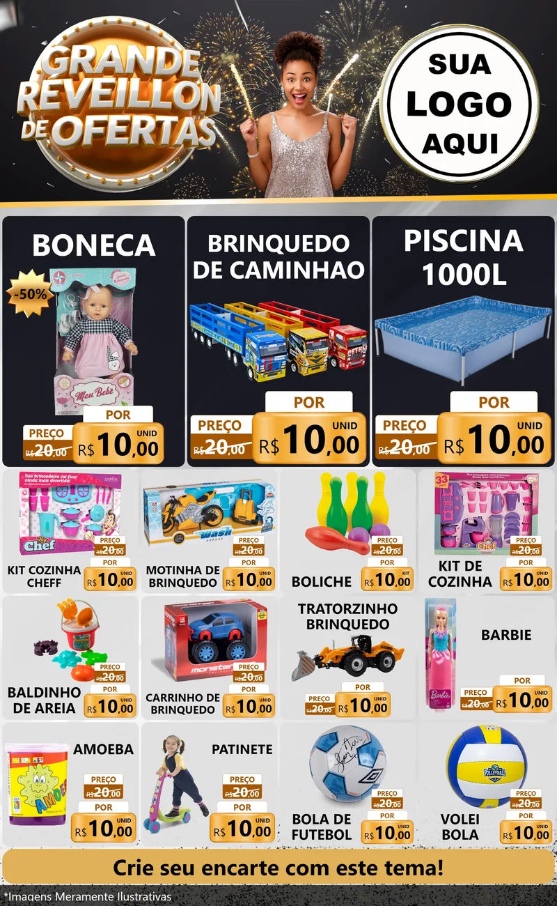 Modelo de Encarte para Encarte Grande com o tema Grande Réveillon de Ofertas para Brinquedos