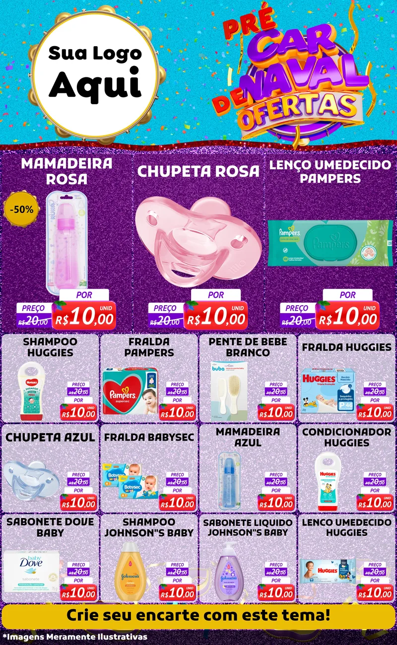 Modelo de Encarte para Encarte Grande com o tema Pré Carnaval de Ofertas para Bebês
