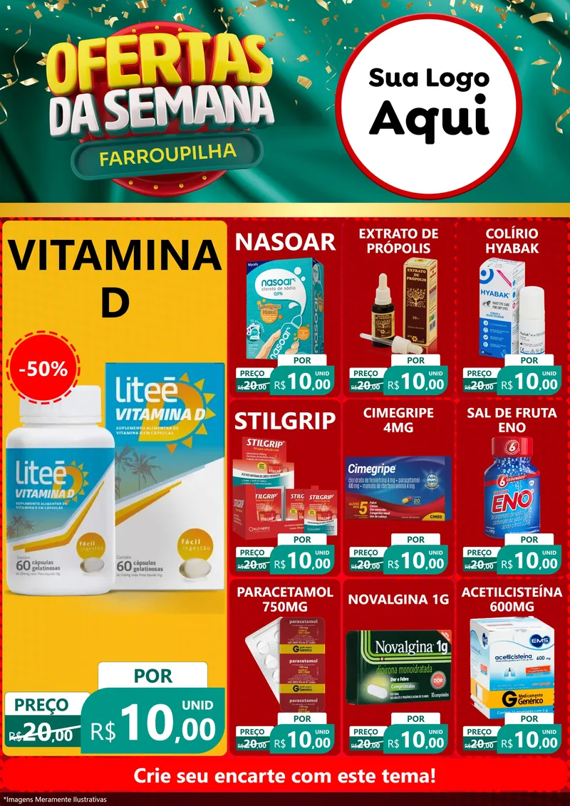 Modelo de Encarte para Encarte A4 Vertical com o tema Ofertas da Semana Farroupilha para Farmácia