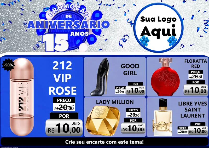 Modelo de Encarte para Encarte A4 Horizontal com o tema Promoção de Aniversário - 15 Anos para Perfumes
