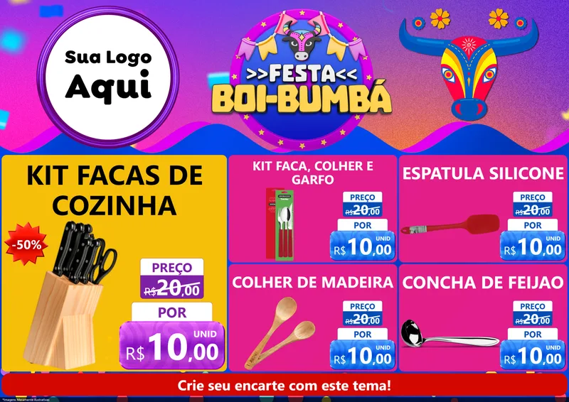 Modelo de Encarte para Encarte A4 Horizontal com o tema Festa Boi-Bumbá para Utilidades Domésticas