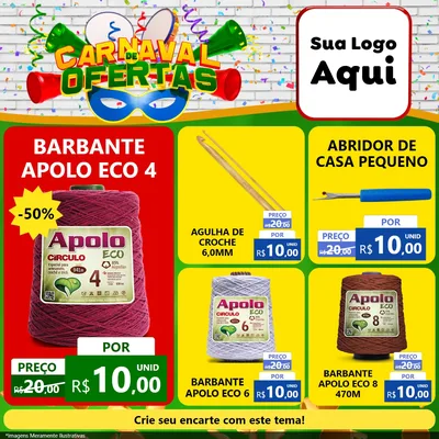 Modelo de Rede Social para Feed Facebook com o tema Carnaval de Ofertas para Armarinho e Aviamentos