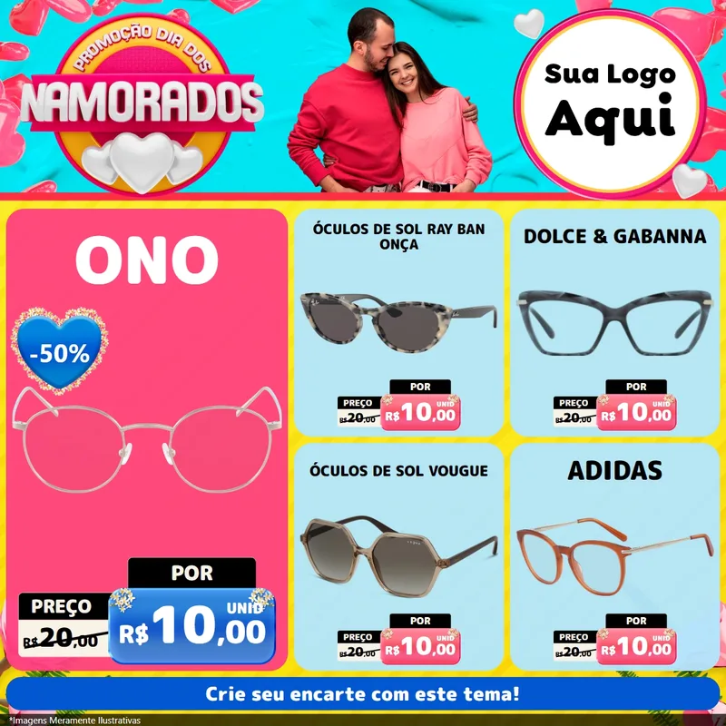 Modelo de Rede Social para Feed Facebook com o tema Promoção Dia dos Namorados para Óticas