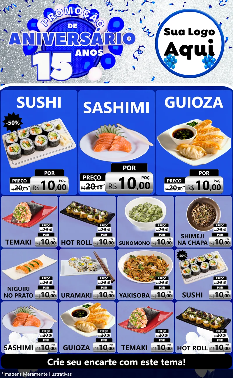 Modelo de Encarte para Encarte Grande com o tema Promoção de Aniversário - 15 Anos para Comida japonesa