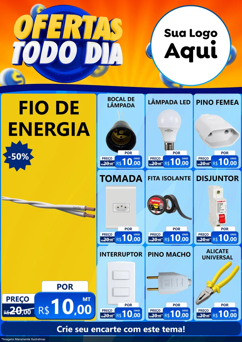 Modelo de Encarte para Encarte A4 Vertical com o tema Ofertas Todo Dia para Materiais Elétricos