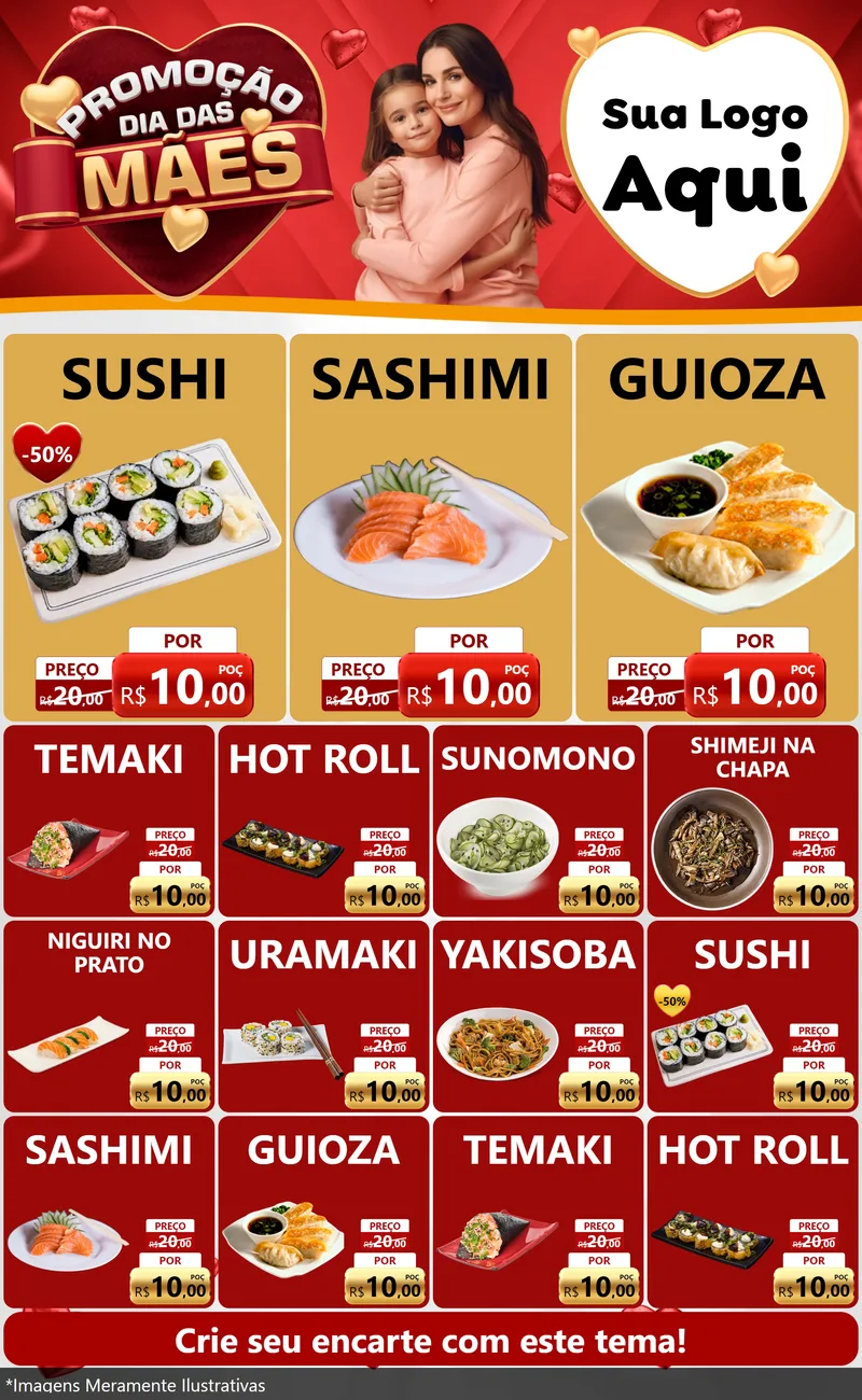 Modelo de Encarte para Encarte Grande com o tema Promoção Dia das Mães para Comida japonesa