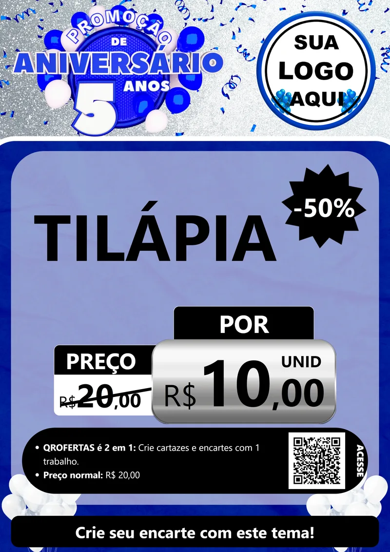 Modelo de Cartaz para Cartaz A4 Vertical com o tema Promoção de Aniversário - 5 Anos para Peixaria