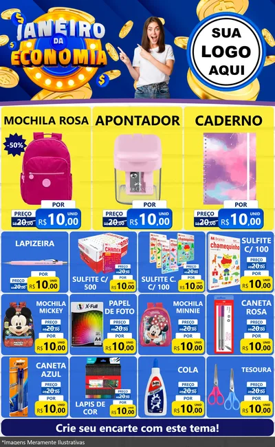 Modelo de Encarte para Encarte Grande com o tema Janeiro da Economia para Papelaria