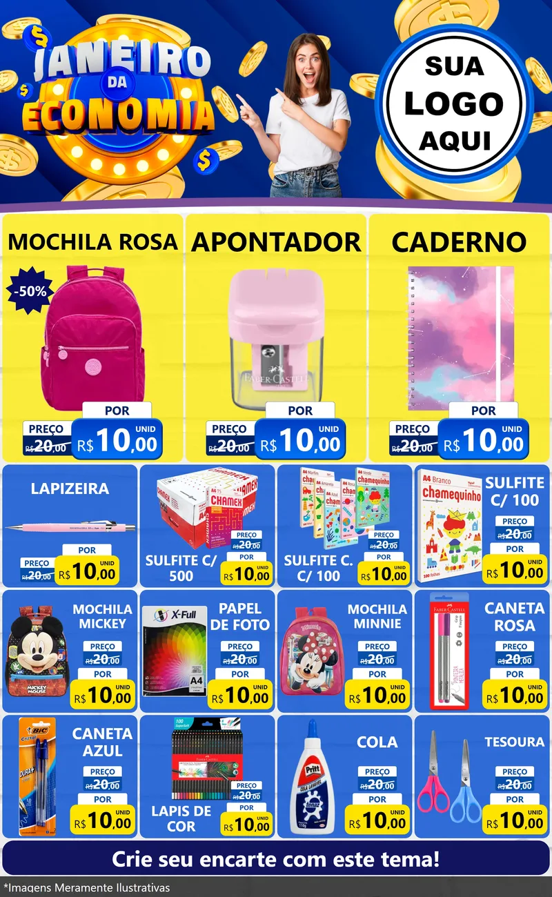 Modelo de Encarte para Encarte Grande com o tema Janeiro da Economia para Papelaria