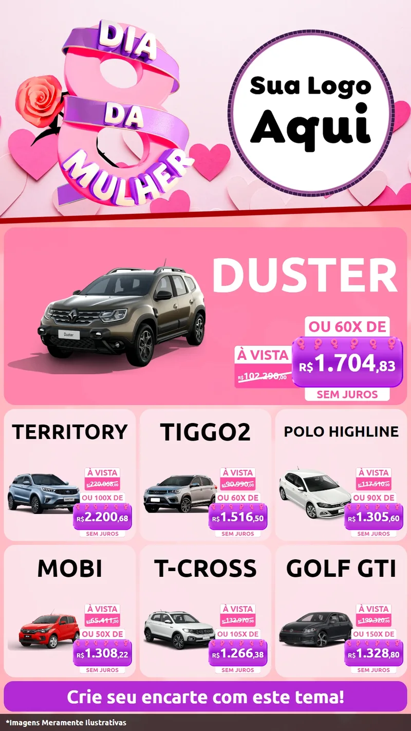 Modelo de Rede Social para Stories com o tema Dia da Mulher para Concessionaria de Carros