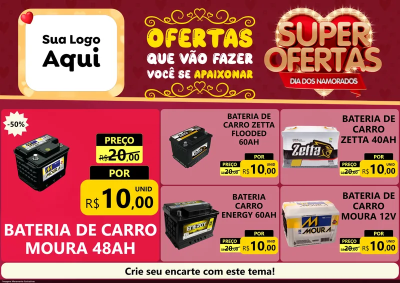 Modelo de Encarte para Encarte A4 Horizontal com o tema Dia dos Namorados para Baterias Elétricas