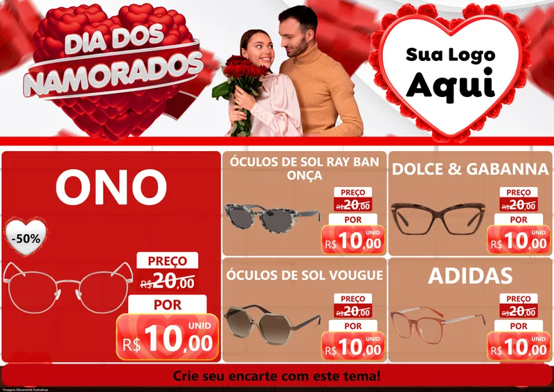 Modelo de Encarte para Encarte A4 Horizontal com o tema Dia dos Namorados para Óticas