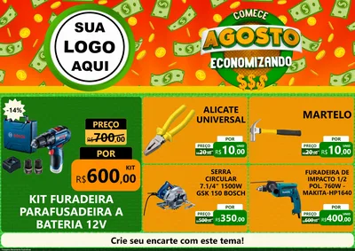Modelo de Encarte para Encarte A4 Horizontal com o tema Comece Agosto Economizando para Maquinas e Ferramentas